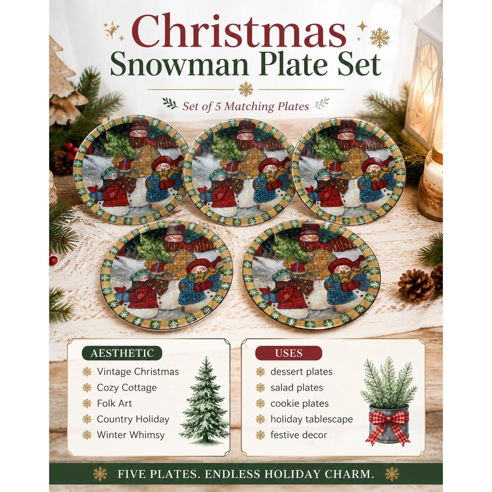 Susan Winget Plates Snowman Multicolor Set of 5 8in Christmas Folk Art Whimsical